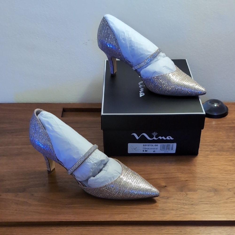 Nina Silver Heels with Pointed Toe Design and Shimmering Finish
